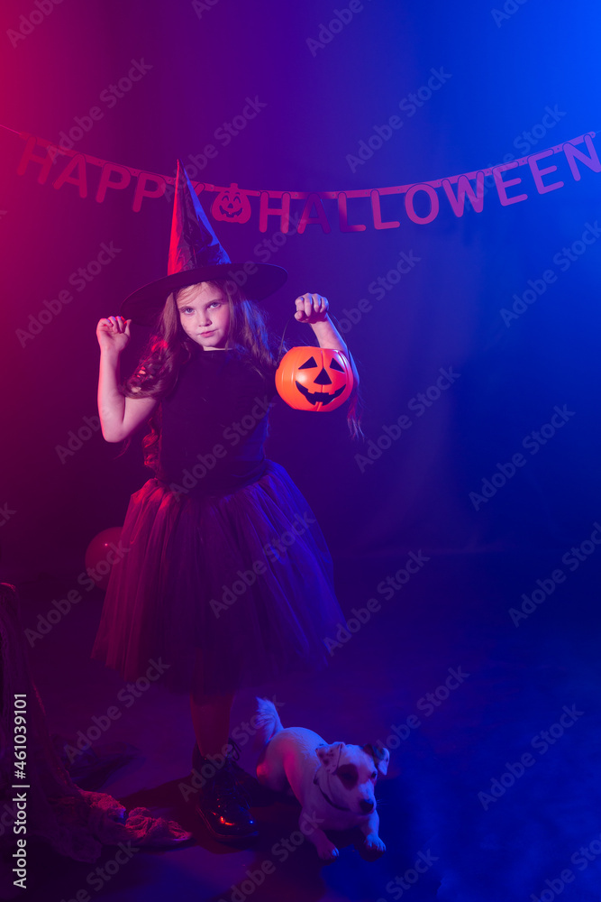 Funny child girl in witch costume for Halloween with pumpkin Jack and dog. Funny child girl in witch costume for Halloween with pumpkin Jack and dog.