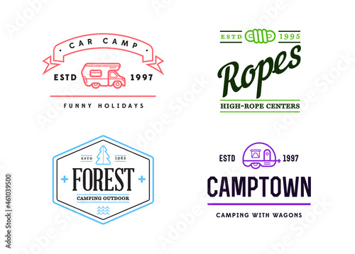 Wilderness Camping logo templates. Sign Design with Elements and Fictitious Sample Text.