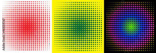Set of 3 Circles in Retro Halftone Style. Halftone Dot Pattern. Vector Illustration. Colorful.
