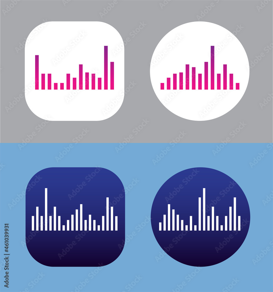 Four Icons Design with Waves of the equalizer. EQ Vector Illustration. Voice Memo Recorder Icon. Square and Cirlce Shape. Four Icons Design with Waves of the equalizer. EQ Vector Illustration. Voice Memo Recorder Icon. Square and Cirlce Shape.