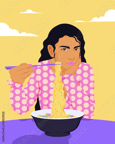 Asian girl eating noodles with chopsticks outdoors