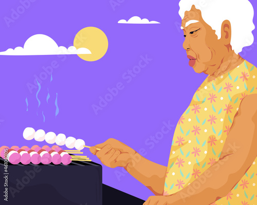 Senior woman grilling meat at street food stall