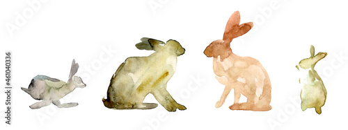 Watercolor rabbit silhouette. Abstract brown bunny stamp or coffee stain. Egg wash Easter bunny leftovers on parchment paper. Concept for Easter. Isolated on white.