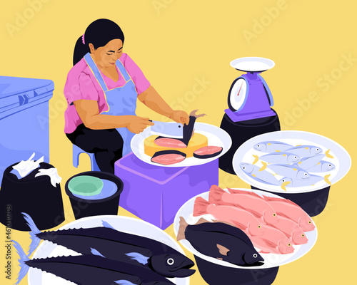 Street food vendor preparing fish at market