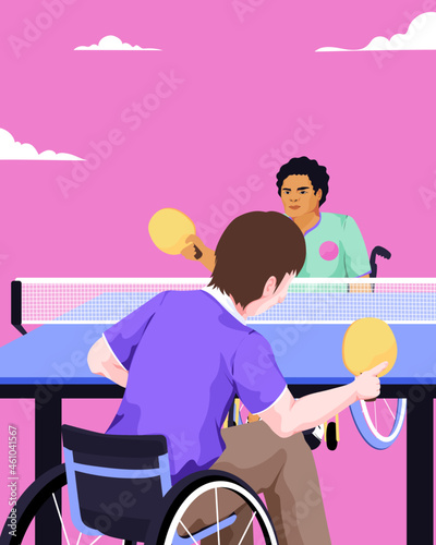 Two friends with wheelchair disability playing ping pong game