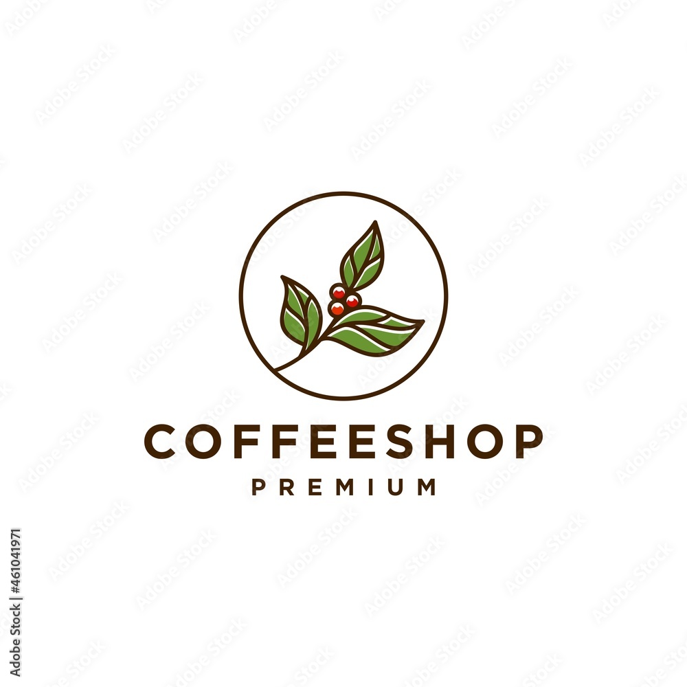 coffee bean leaf plant branch hipster minimal logo vector with leaf simple line outline icon for cafe 