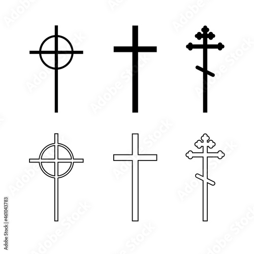 Set grave crosses. Silhouettes and outlines of three different grave crosses. A symbol of the Christian faith. Vector illustration isolated on a white background for design and web.