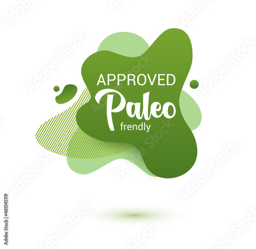 Paleo diet frendly badge. Green amoeba design of sticker for paleo diet menu, poster, flyer.