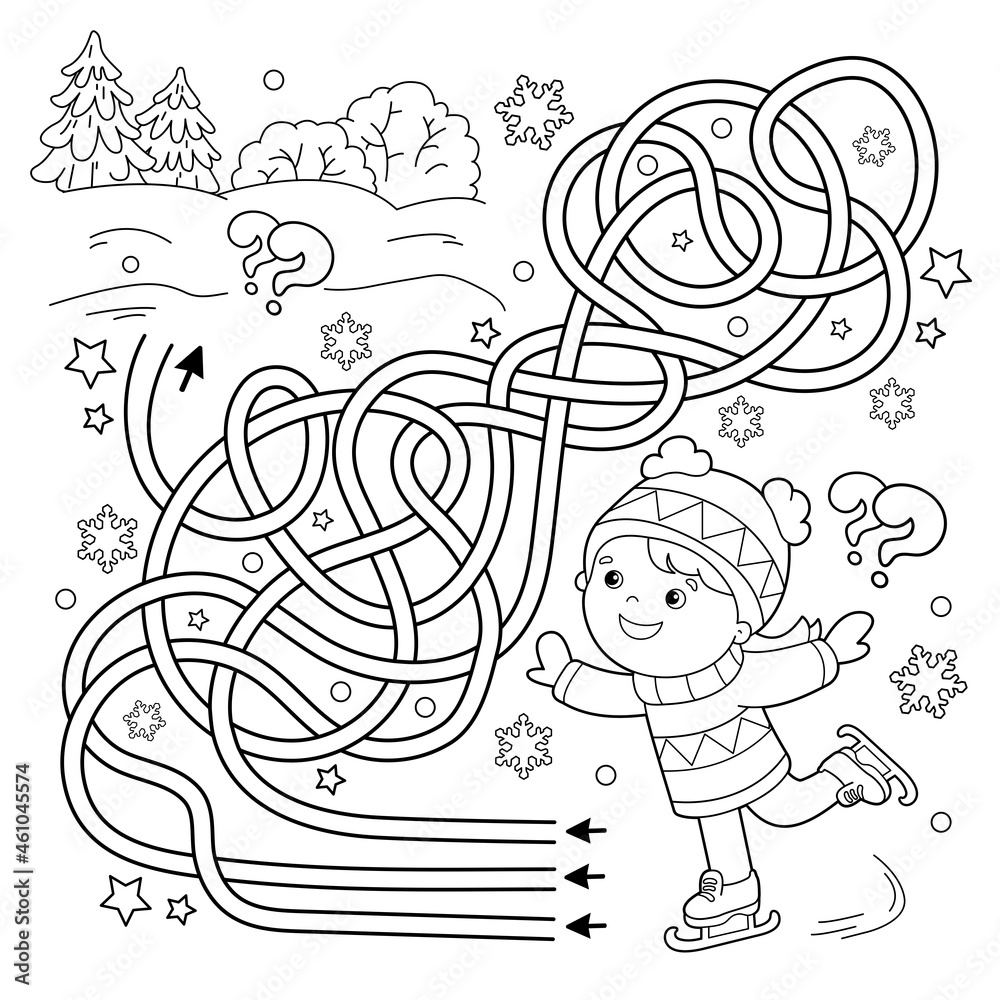 Maze or Labyrinth Game. Puzzle. Tangled Road. Coloring Page Outline Of cartoon girl skating. Winter sports. Coloring book for kids.