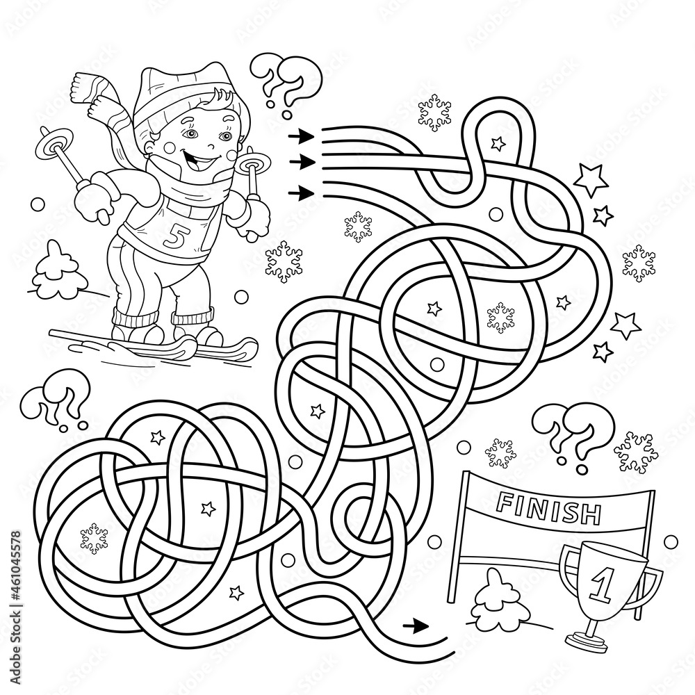Maze or Labyrinth Game. Puzzle. Tangled Road. Coloring Page Outline Of cartoon boy skiing. Winter sports. Coloring book for kids.