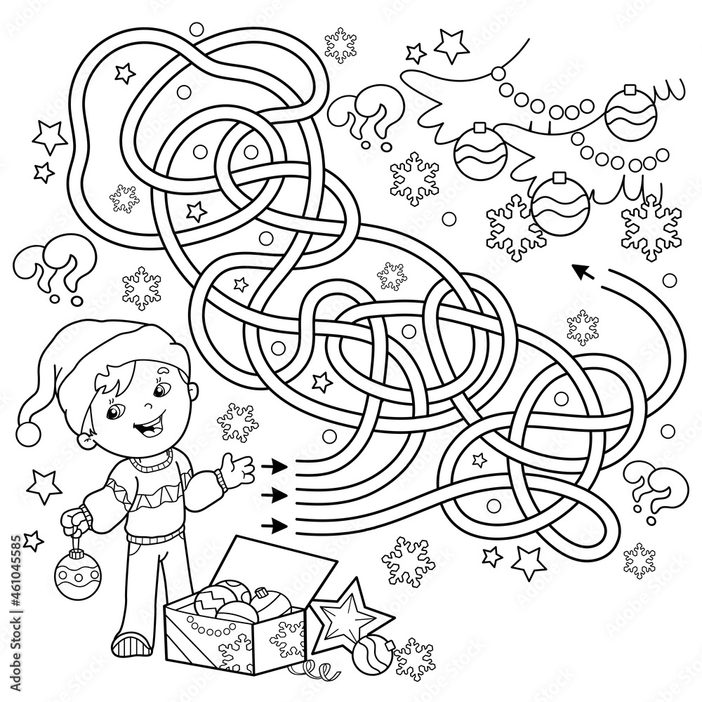 Maze or Labyrinth Game. Puzzle. Tangled Road. Coloring Page Outline Of cartoon boy decorating the Christmas tree. Christmas. New year. Coloring book for kids.