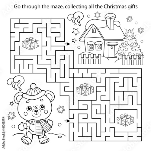 Maze or Labyrinth Game. Puzzle. Coloring Page Outline Of little bear with Christmas tree. New year. Christmas. Coloring book for kids.