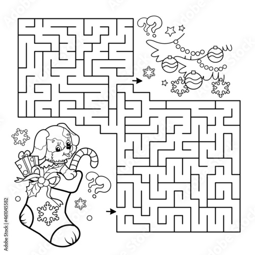 Maze or Labyrinth Game. Puzzle. Coloring Page Outline Of Christmas boot or sock with gifts and dog. Christmas. New year. Coloring book for kids.