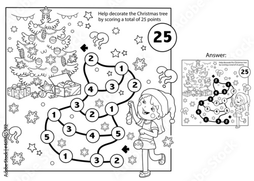 Math addition game. Puzzle for kids. Maze. Coloring Page Outline Of cartoon girl decorating the Christmas tree. New year. Christmas. Coloring book for children.