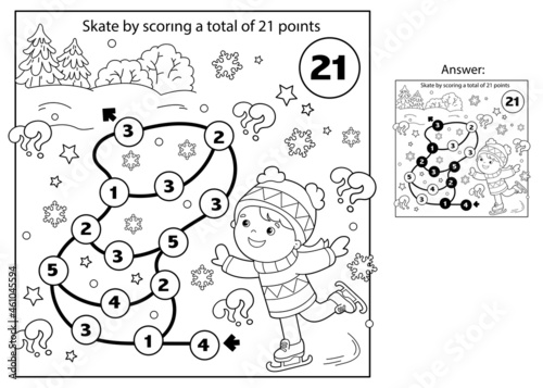 Math addition game. Puzzle for kids. Maze. Coloring Page Outline Of cartoon girl skating. Winter sports. Coloring book for children.