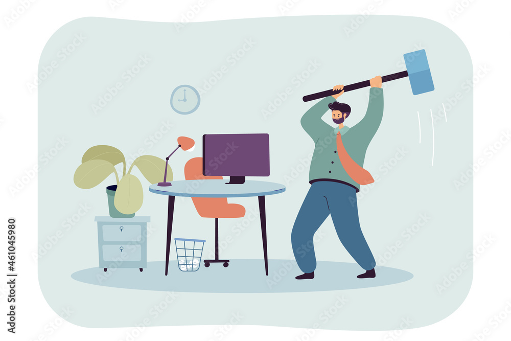 Φωτογραφία Angry business person breaking office computer with big hammer