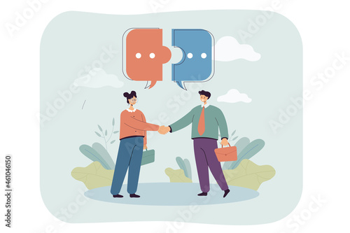 Dialogue between male and female business people. Puzzle pieces of speech bubble above cartoon characters flat vector illustration. Teamwork, cooperation concept for banner or landing web page