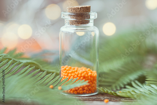 Glass jar filled with orange sprinkles next to a fir tree branch photo