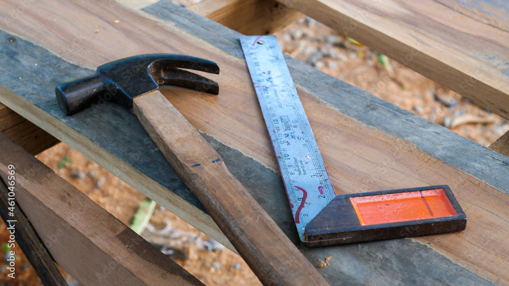 Hammer try square tools equipment in working place of making