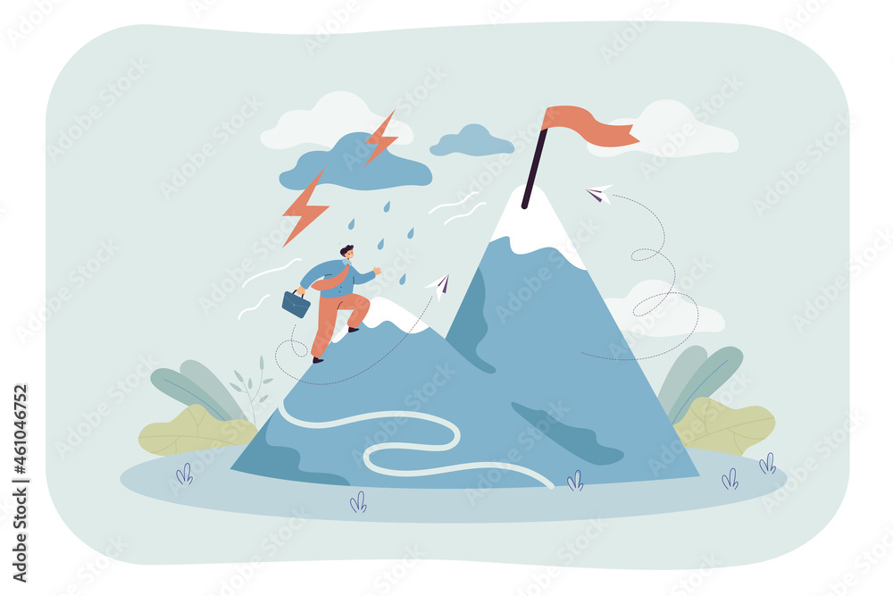 Cartoon businessman climbing snowy mountain towards flag. Man with