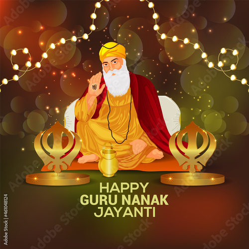 Happy guru nanak jayanti celebration greeting card with vector illustration of guru nanak dev ji