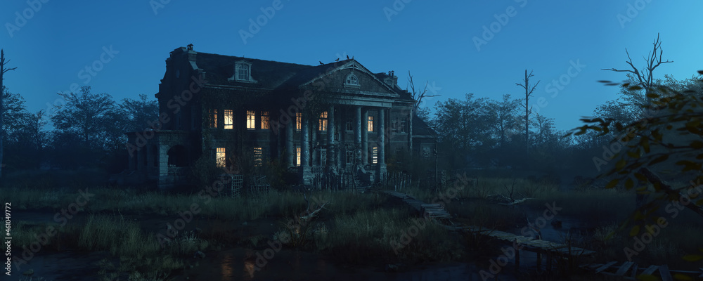 Ominously dilapidated and abandoned mansion with illuminated interior lighting at dusk. 3D rendering. - obrazy, fototapety, plakaty 
