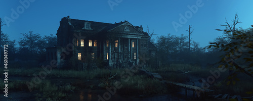 Ominously dilapidated and abandoned mansion with illuminated interior lighting at dusk. 3D rendering.