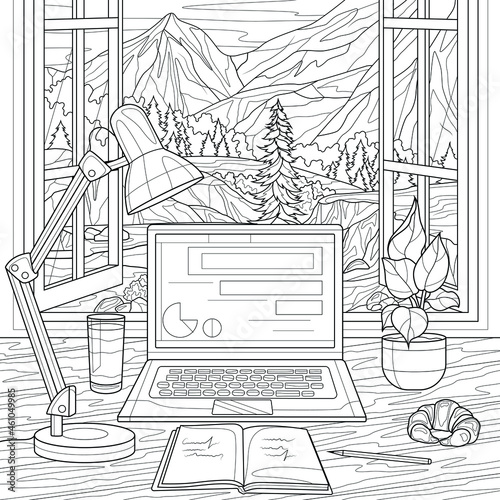 Workplace by the window overlooking the mountains. Laptop with lamp and book.Coloring book antistress for children and adults. Illustration isolated on white background.Zen-tangle style. Hand draw