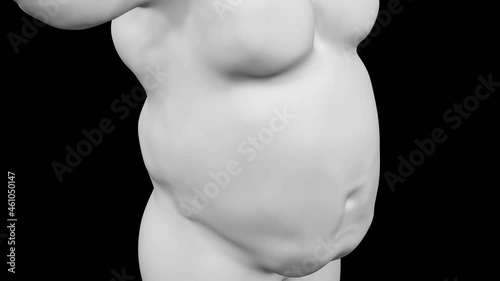 White male belly gain and lose weight on black background. Loopable. Luma matte. 3d rendering.