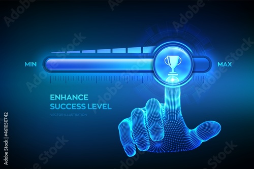 Success level growth. Increasing Success Level. Wireframe hand is pulling up to the maximum position progress bar with the Trophy cup icon. Business achievement concept. Vector illustration.