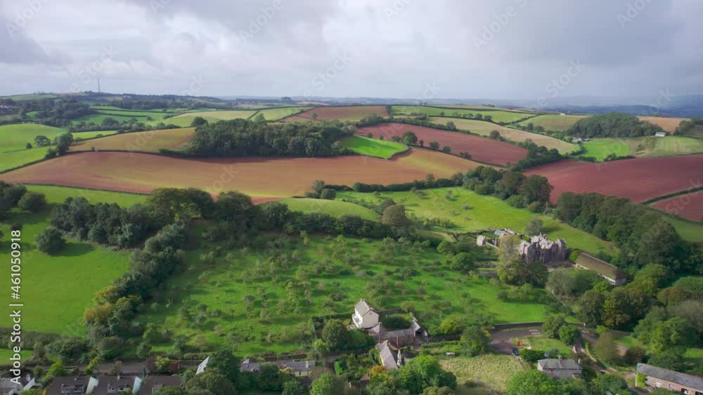 Fields over Compton Castle from a drone, Compton, Devon, England, Europe
