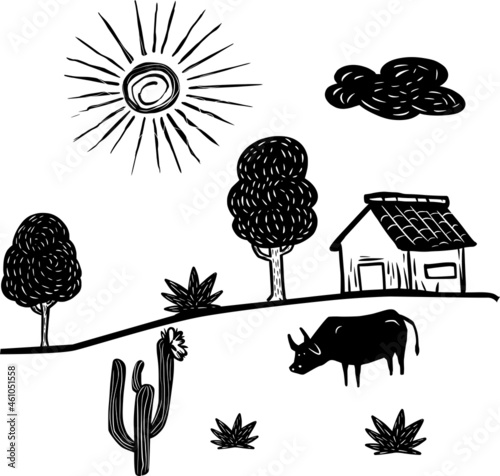 Rural scenery in woodcut style. Literature of twine