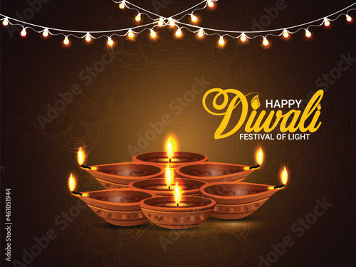Diwali festival of light celebration greeting card with vector diwali diya