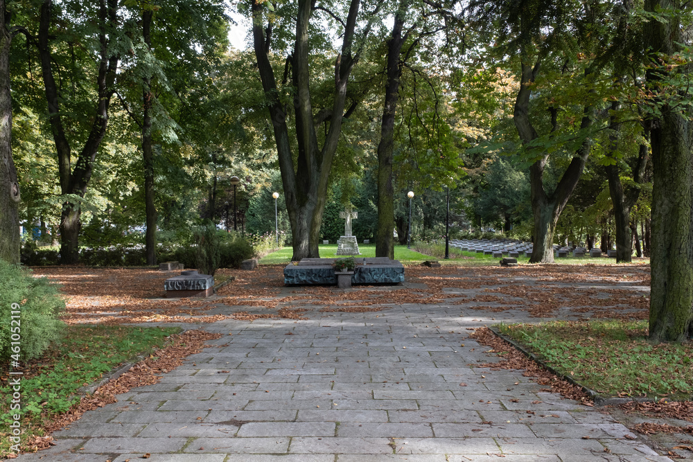 Gliwice, Poland - September 24, 2021. Soldiers of the Soviet Army Cemetery and memorial site in Gliwice. Selective focus