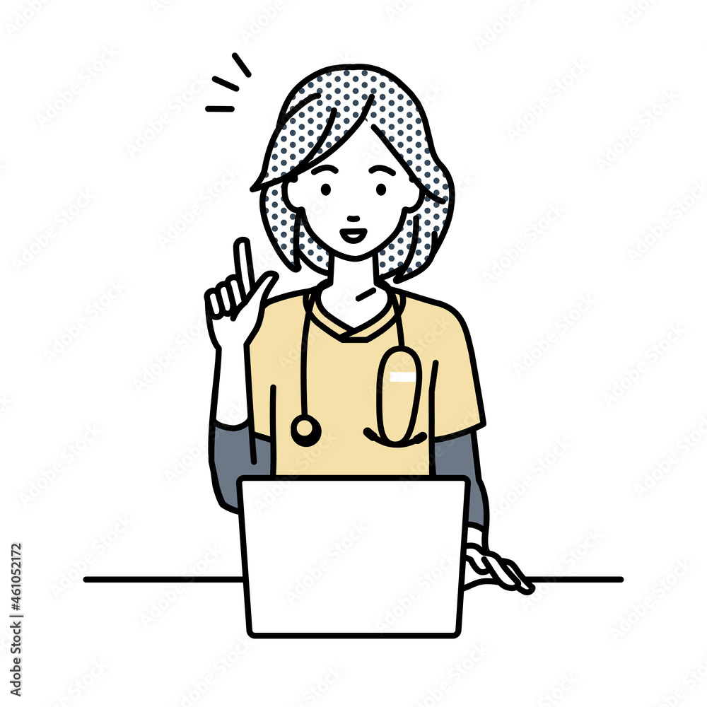 デスクで座ってPCを開いて何かひらめいた看護師の女性 デスクで座ってPCを開いて何かひらめいた看護師の女性