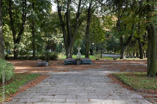 Gliwice, Poland - September 24, 2021. Soldiers of the Soviet Army Cemetery and memorial site in Gliwice. Selective focus