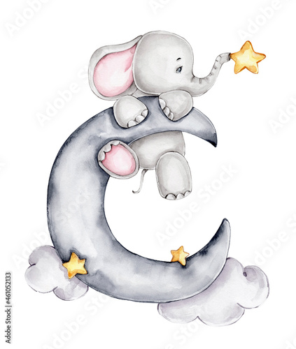 Little elephant with star and moon  watercolor hand drawn illustration  with white isolated background 