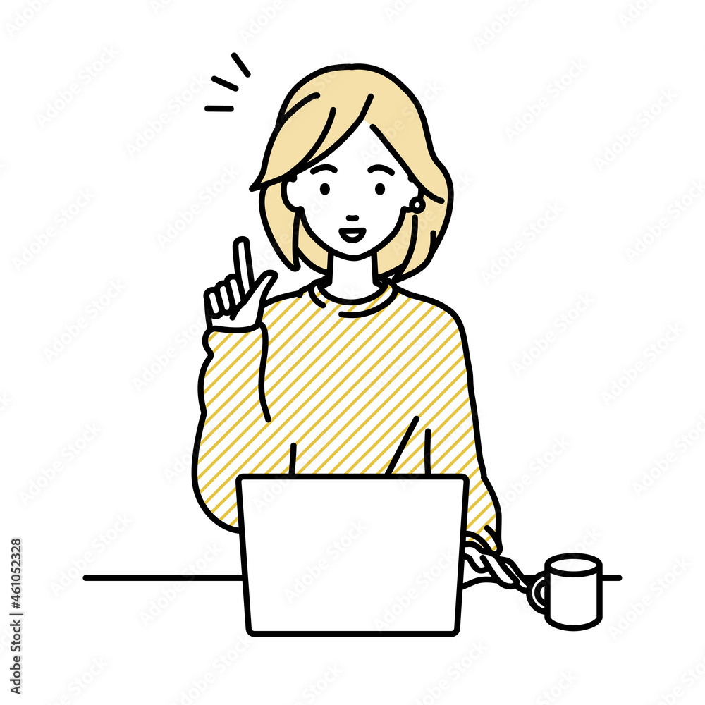 デスクで座ってPCを開いて何かひらめいたリモートワークの女性 デスクで座ってPCを開いて何かひらめいたリモートワークの女性
