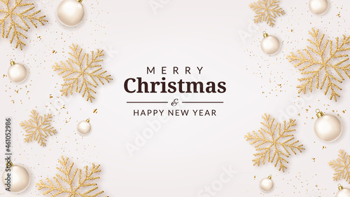 Christmas greeting card with glittering snowflakes, confetti and evening balls.