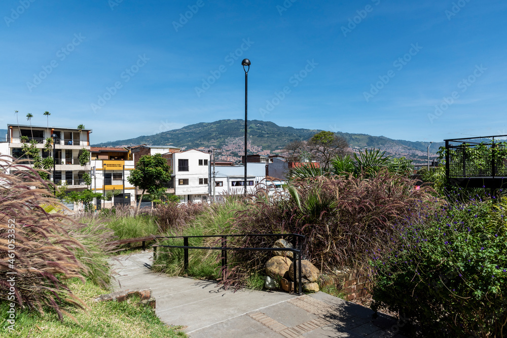 Medellin, Antioquia, Colombia. September 26, 2021: Prado neighborhood landscape with blue sky. Medellin, Antioquia, Colombia. September 26, 2021: Prado neighborhood landscape with blue sky.