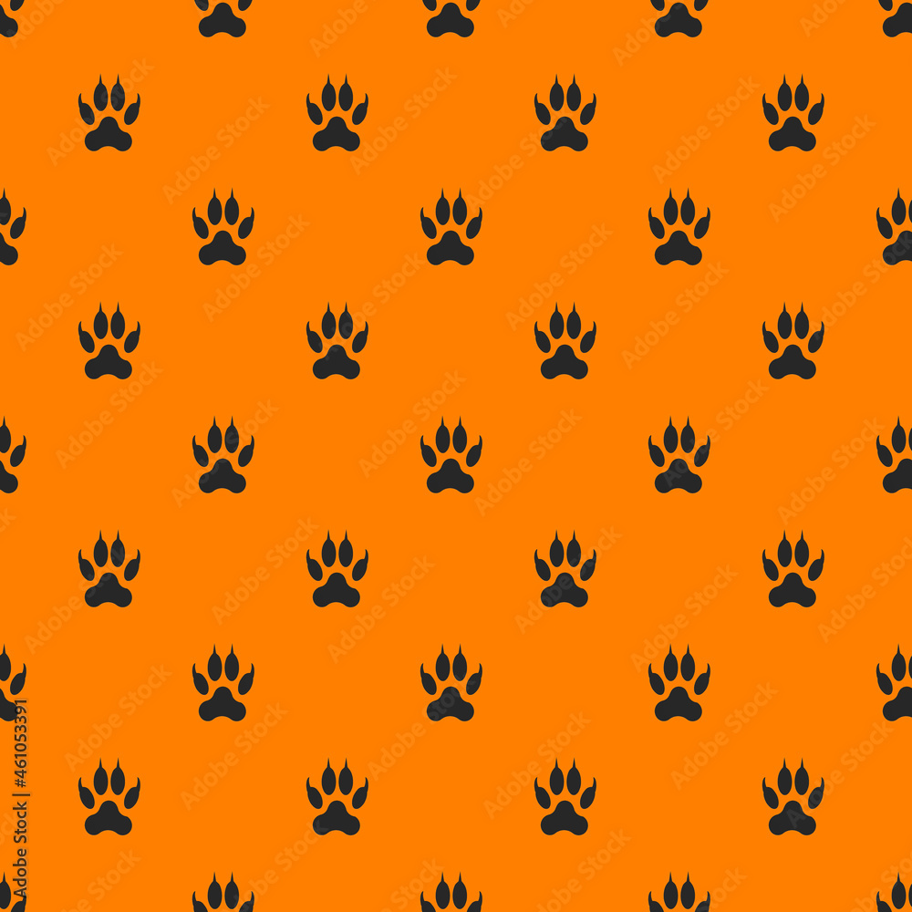 template from paw images. a set of black isolated animal paws on an orange background. 3d rendering. 3d image.