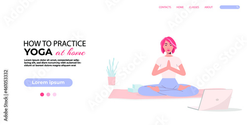 Vector banner. Online classes. Asian yoga girl isolated on the white background. 