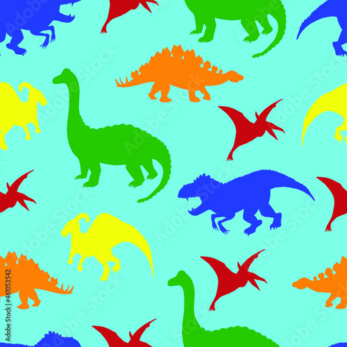 seamless pattern of multicolored dinosaurs on a blue background