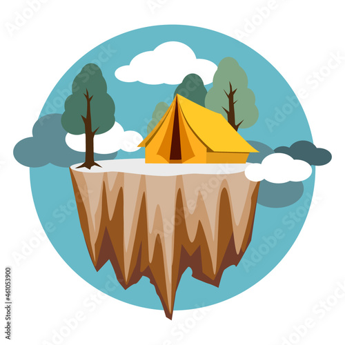 Vector illustration weekend in the tent. Sunny day landscape illustration in style Camping. Background for summer camp, nature tourism, camping or hiking design concept.
