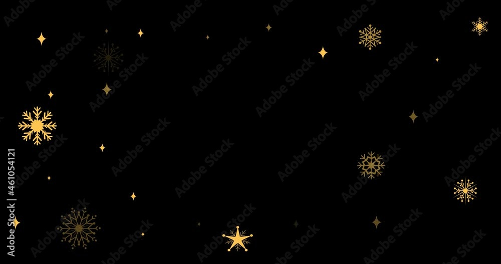 Animation of gold christmas snowflakes flickering on black background Animation of gold christmas snowflakes flickering on black background
