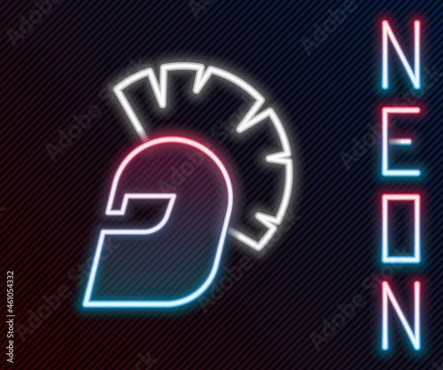 Glowing neon line Greek helmet icon isolated on black background. Antiques helmet for head protection soldiers with a crest of feathers or horsehair. Colorful outline concept. Vector