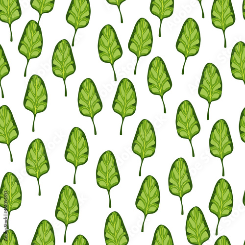 Seamless pattern Spinach salad on white striped background. Modern ornament with lettuce.