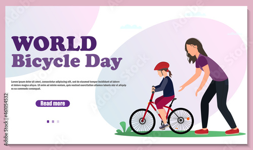 Banner with young woman or mother teaching a girl in the helmet to ride a bike,world bycicle Day concept, healthy lifestyle concept, sport activity concept, flat vector