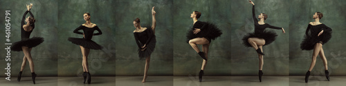 Fototapeta Collage made of images one beautiful ballerina in black stage costume, tutu dancing isolated on dark vintage background