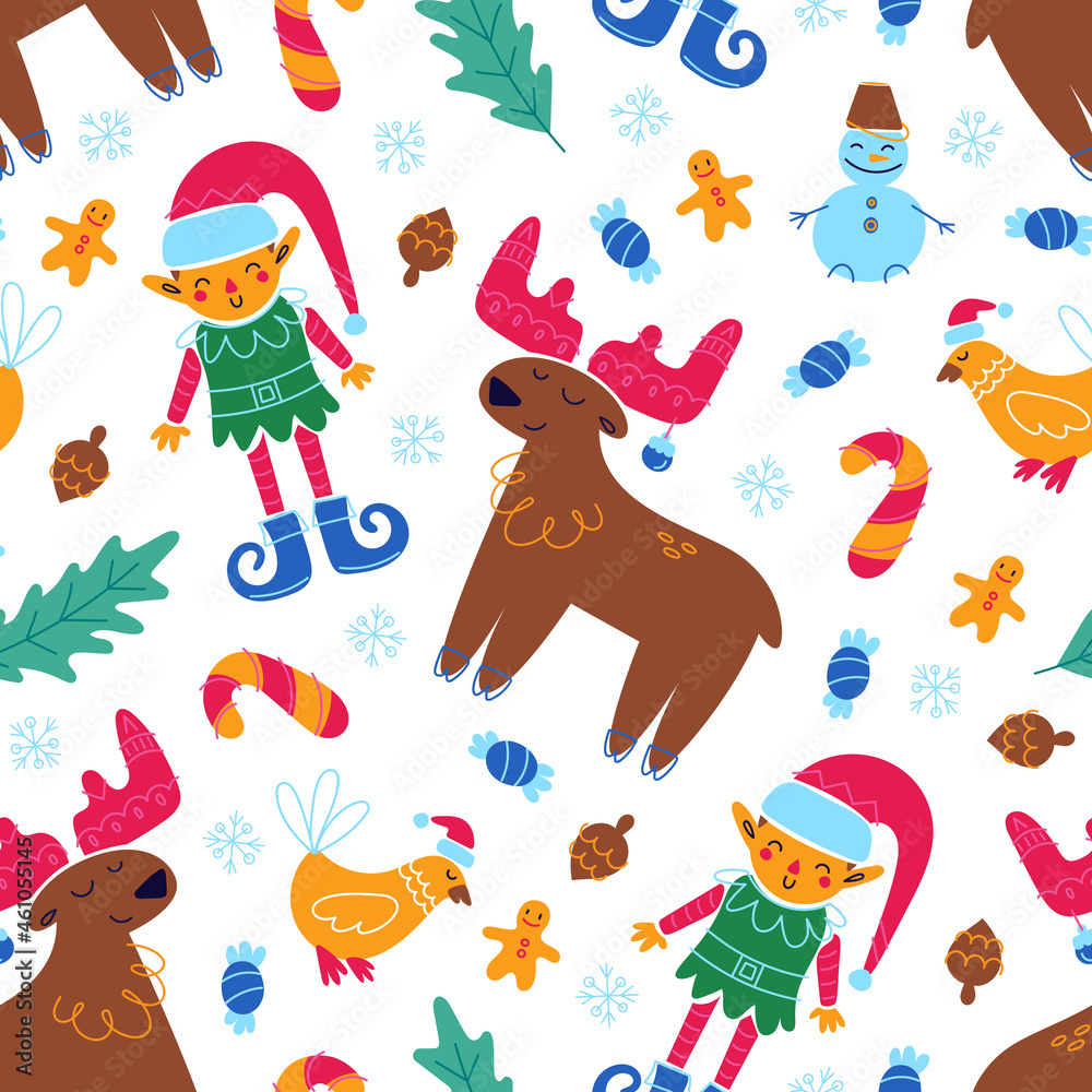 Naklejka premium Merry Christmas holiday seamless pattern. Elf, deer, candy, bird and snowman. Happy New year wallpaper. Cute festive illustration. Vector